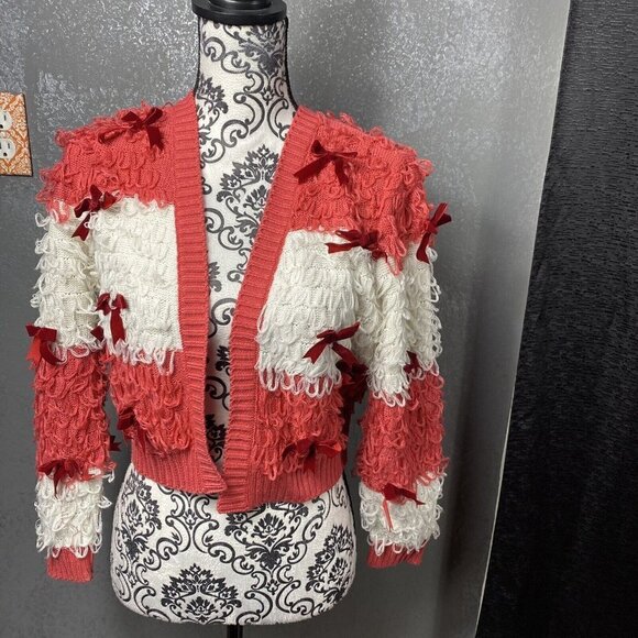 Mighty Fine Women's Size XS Red and White Striped Christmas Sweater w Bows - Picture 3 of 12